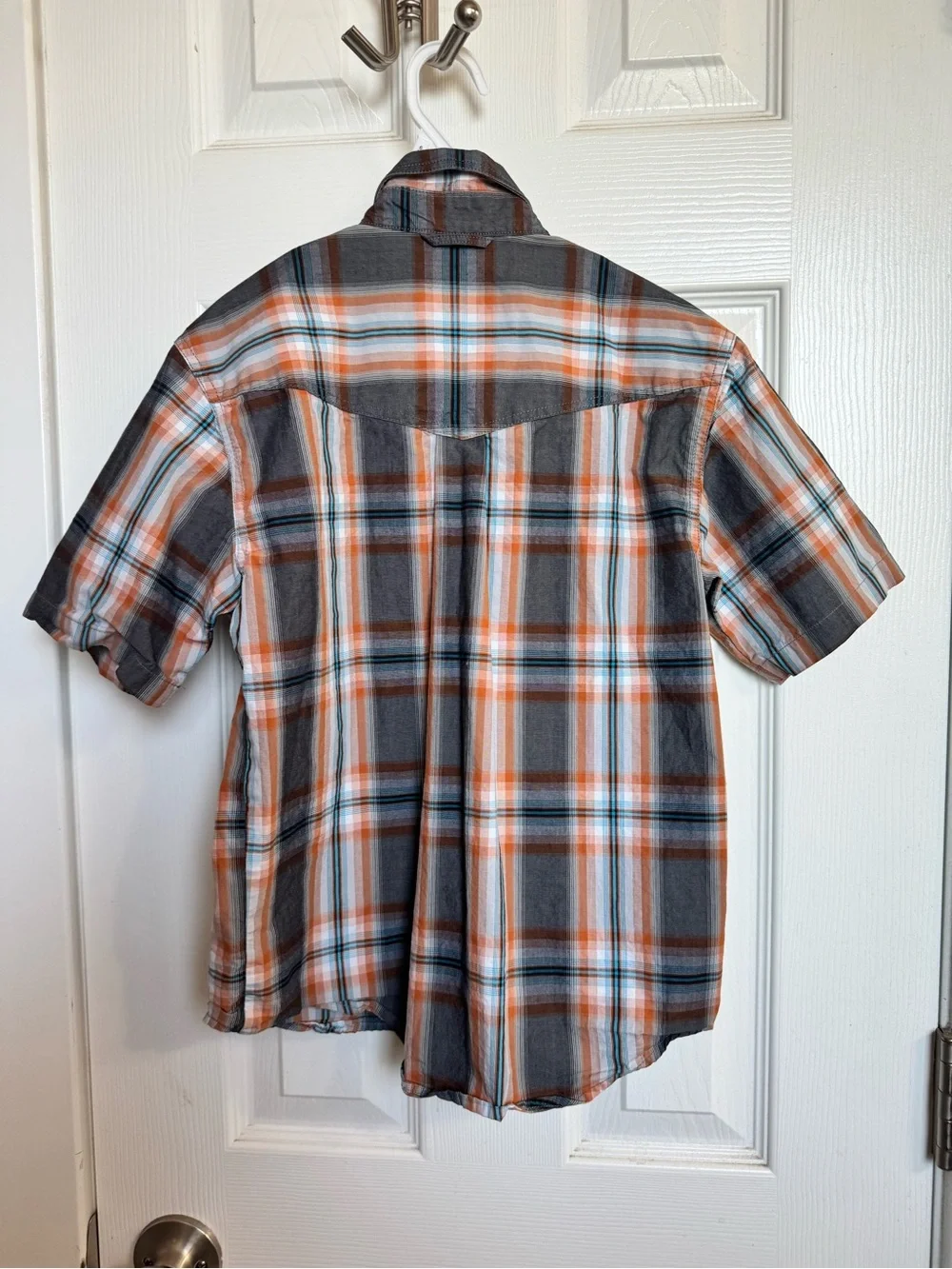 Roper Boys Short-Sleeve Orange, Gray & White Plaid Button-Down Shirt